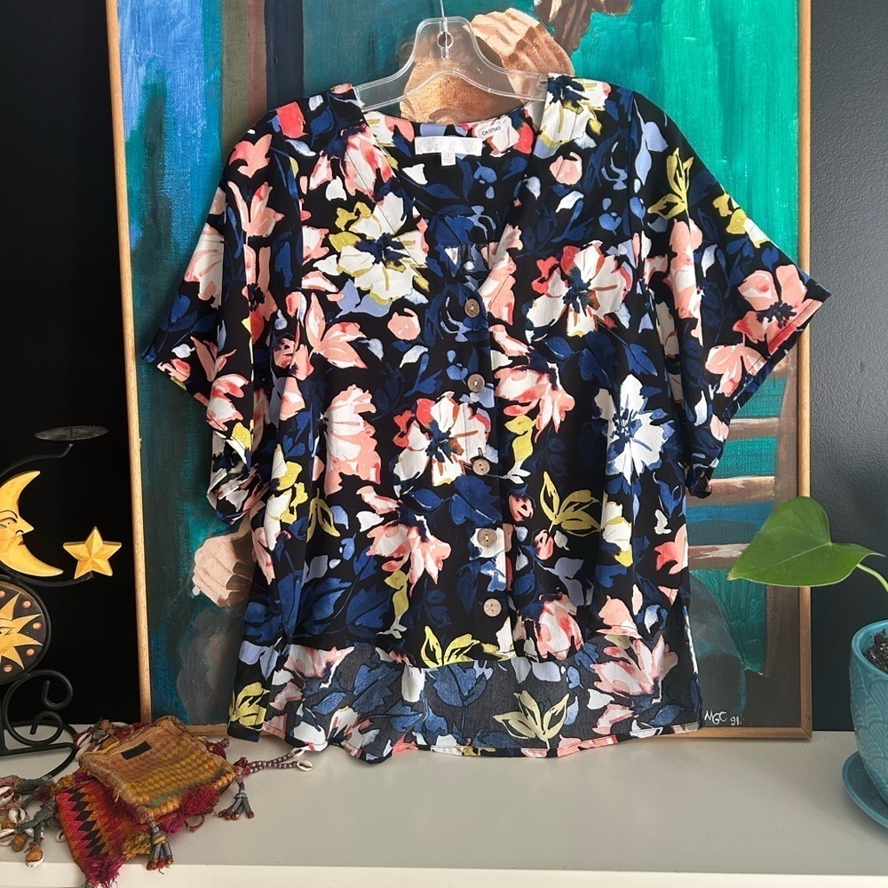 Adyson Parker Floral Blouse Women’s S Navy Button Front Short Sleeve Top